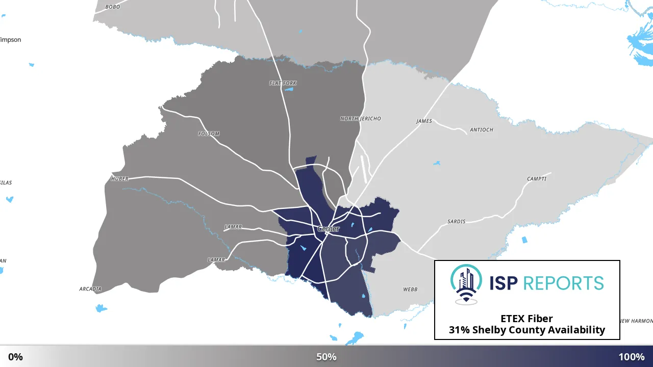 Shelby County, TX map of internet availability