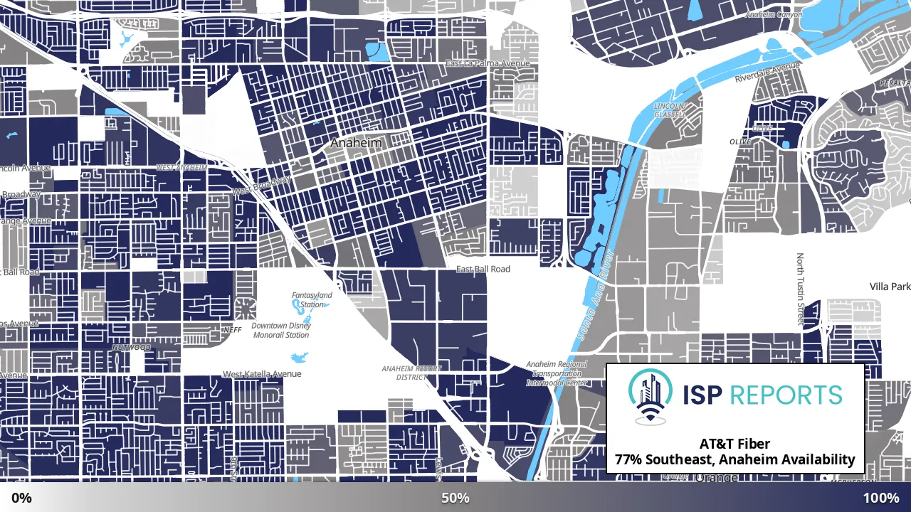 Southeast, Anaheim, CA map of internet availability