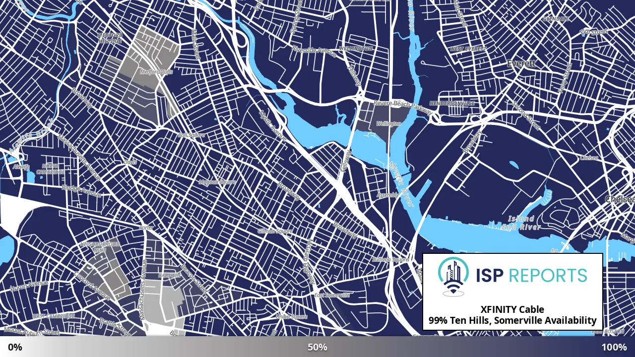 Ten Hills, Somerville, MA map of internet availability