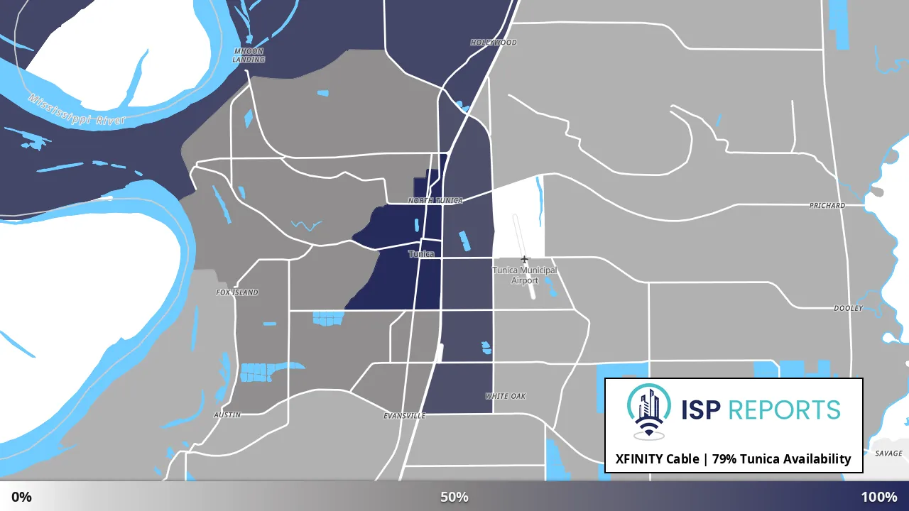 Tunica, MS map of internet availability