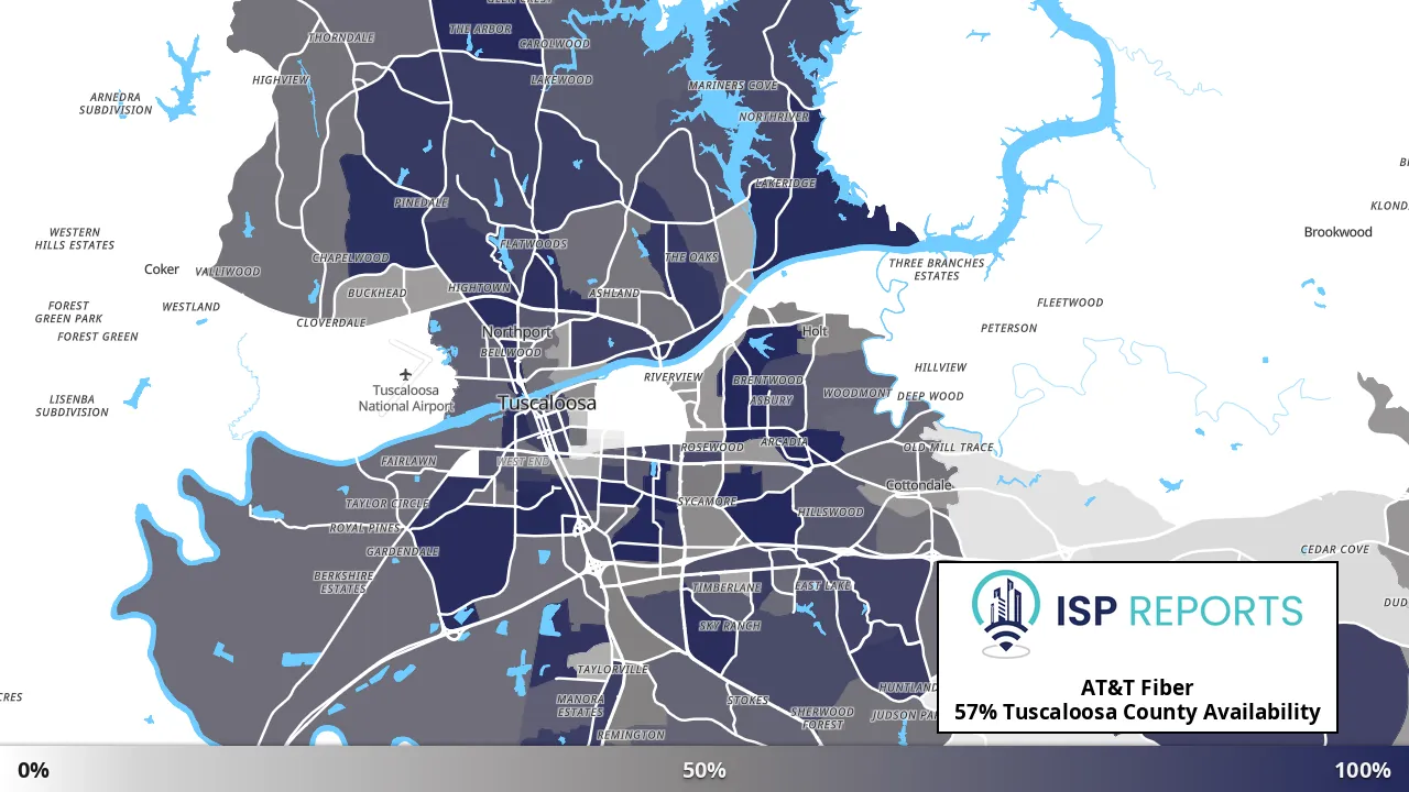 Tuscaloosa County, AL map of internet availability