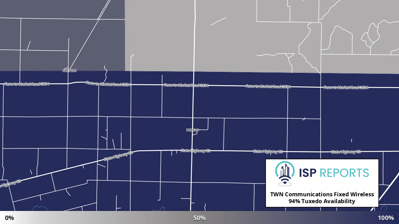 Tuxedo, TX map of internet availability