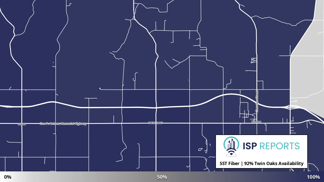 Twin Oaks, OK map of internet availability