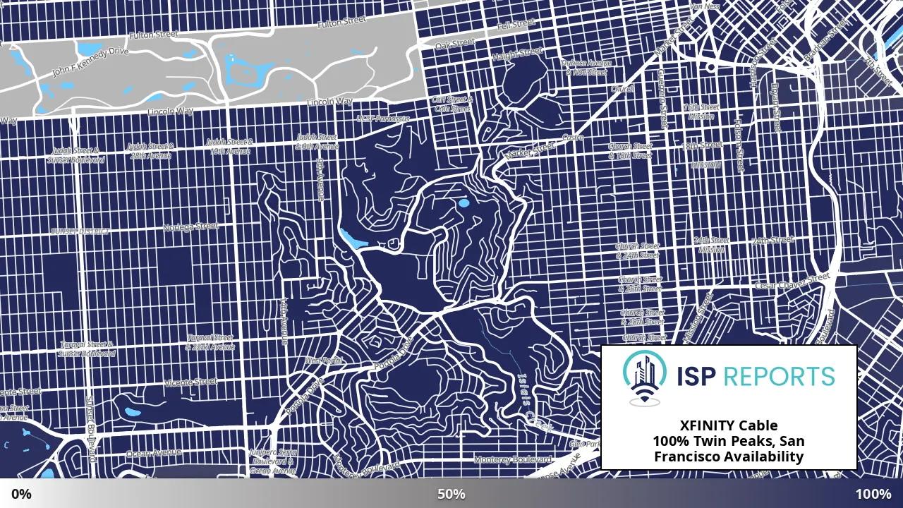 Twin Peaks, San Francisco, CA map of internet availability