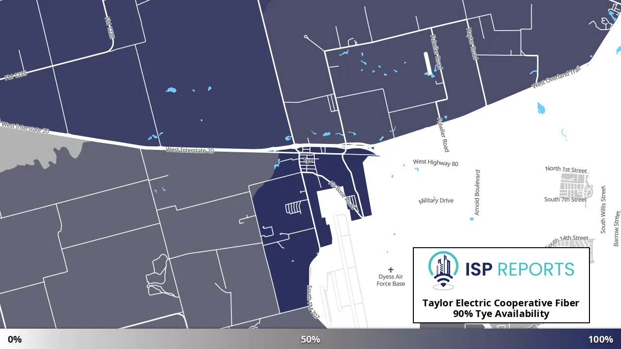 Tye, TX map of internet availability