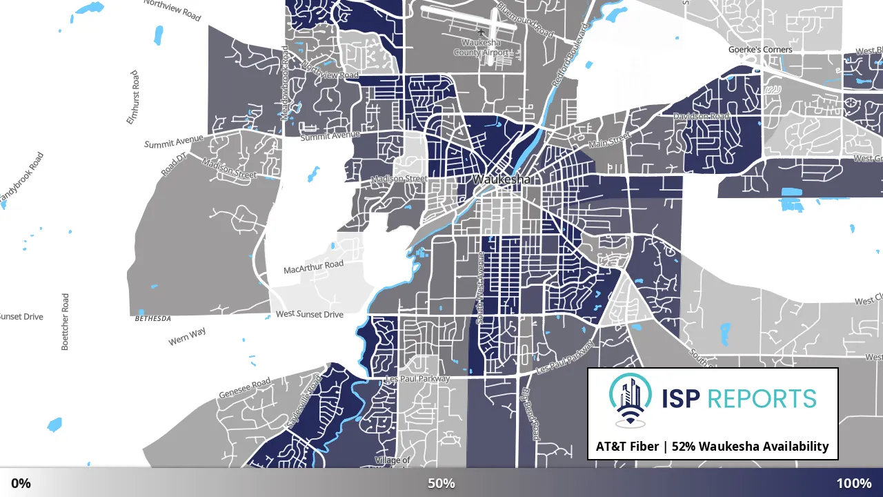 Waukesha, WI map of internet availability