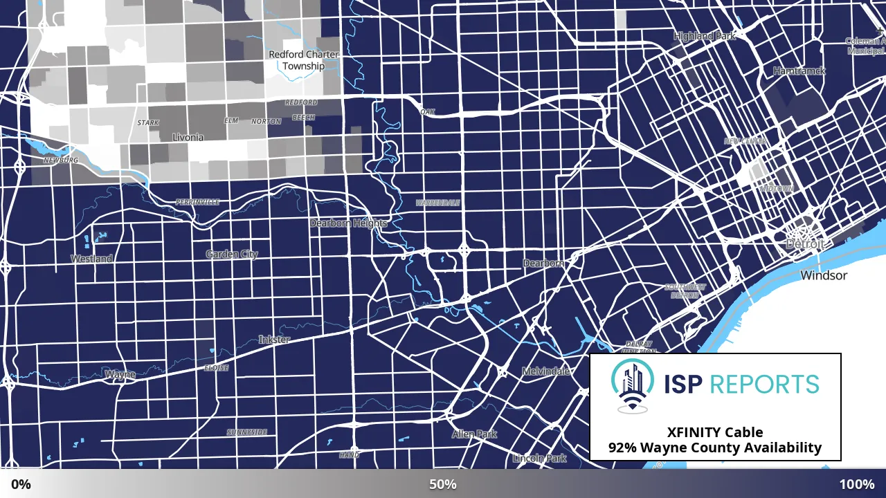 Wayne County, MI map of internet availability