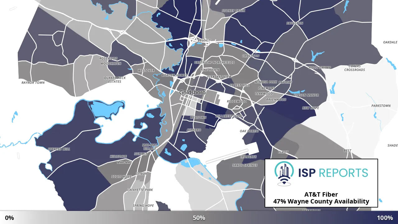 Wayne County, NC map of internet availability