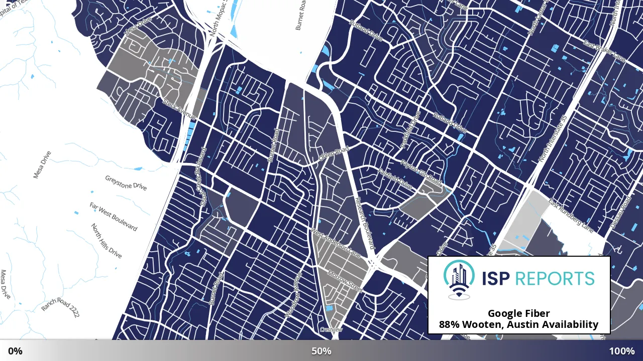 Wooten, Austin, TX map of internet availability