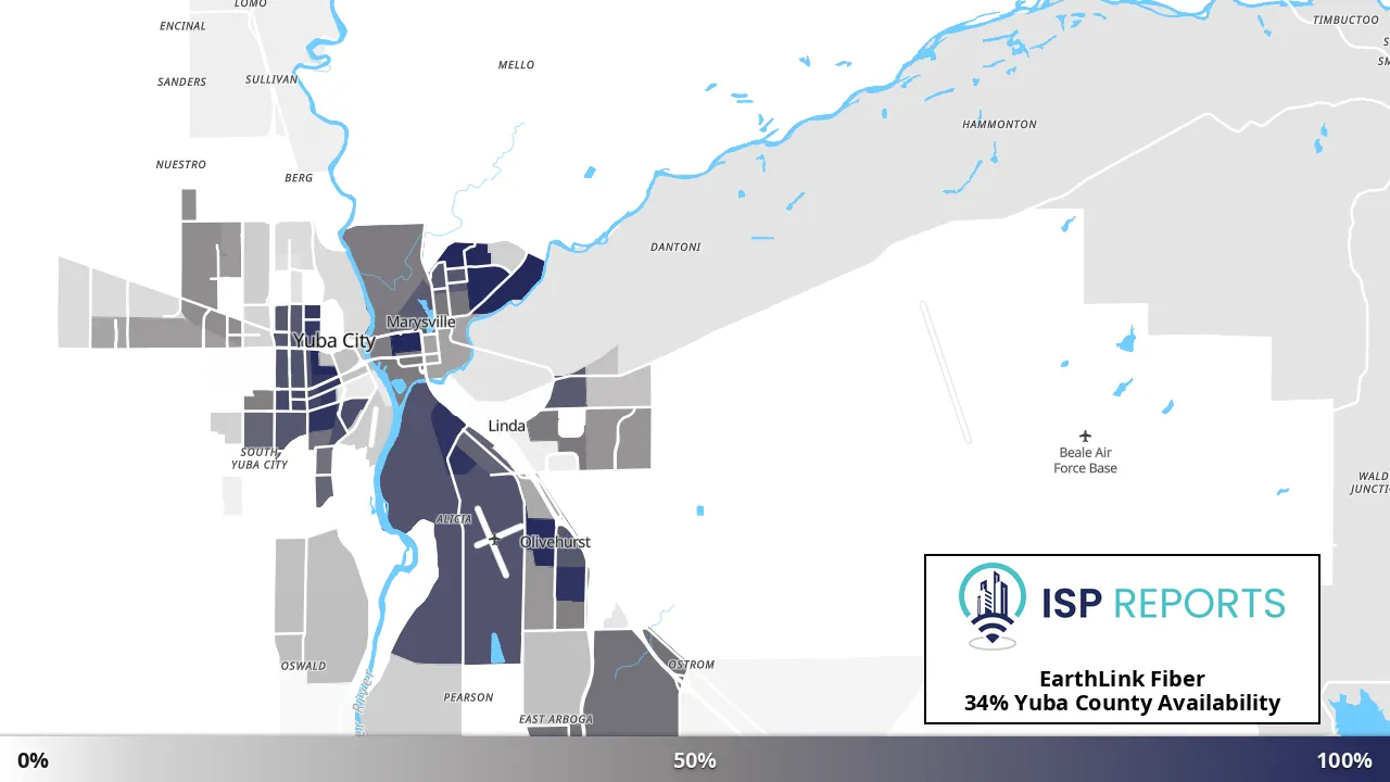 Yuba County, CA map of internet availability