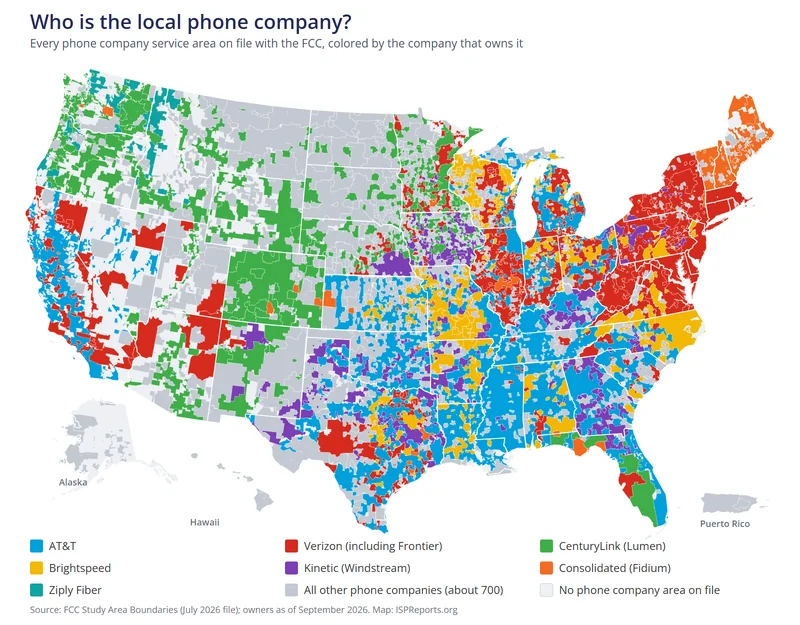 Map of the United States showing every local phone company service area on file with the FCC, colored by owner: AT&T, Verizon including Frontier, CenturyLink, Brightspeed, Kinetic (Windstream), Consolidated, Ziply Fiber and about 700 other phone companies